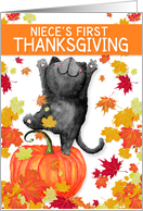 for Niece’s 1st Thanksgiving Dancing Black Cat and Pumpkin card