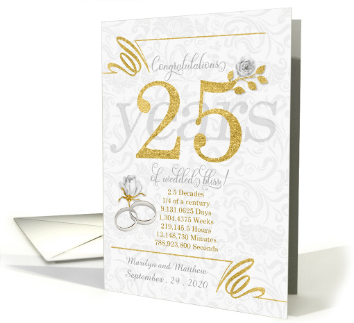 25th Wedding Anniversary Rings Roses and Gold NO REAL GLITTER card