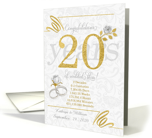 20th Wedding Anniversary Rings Roses and Gold NO REAL GLITTER card