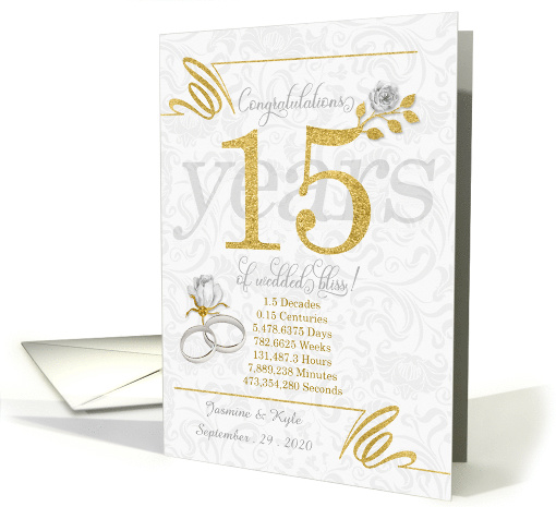 15th Wedding Anniversary Rings Roses and Gold NO REAL GLITTER card