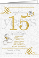 15th Wedding Anniversary Rings Roses and Gold NO REAL GLITTER card