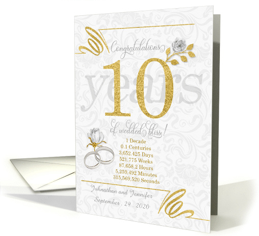 10th Wedding Anniversary Rings Roses and Gold NO REAL GLITTER card