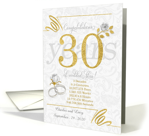 30th Wedding Anniversary Rings Roses and Gold NO REAL GLITTER card