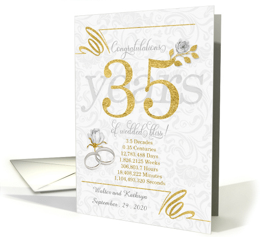 35th Wedding Anniversary Rings Roses and Gold NO REAL GLITTER card