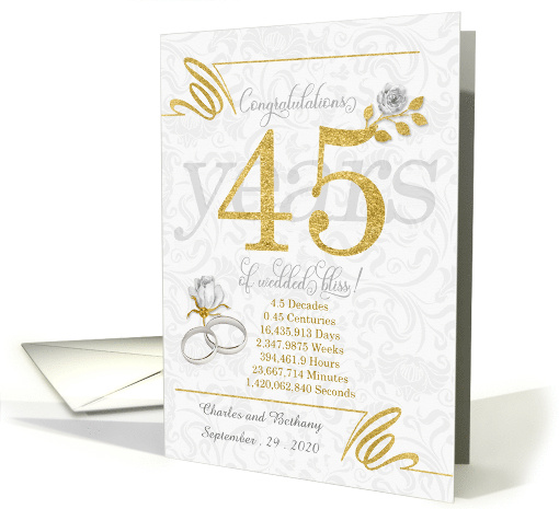 45th Wedding Anniversary Rings Roses and Gold NO REAL GLITTER card