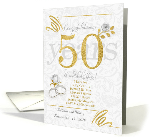 50th Wedding Anniversary Rings Roses and Gold NO REAL GLITTER card