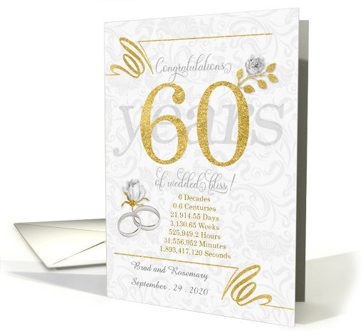 60th Wedding Anniversary Rings Roses and Gold NO REAL GLITTER card