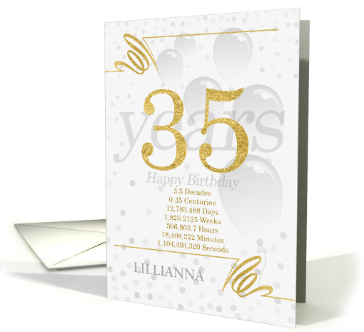 35th Birthday in Days Weeks Minutes with Name NO REAL GLITTER card