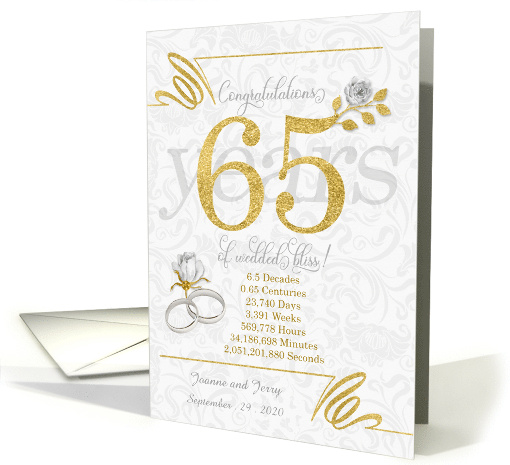 65th Wedding Anniversary Rings Roses and Gold NO REAL GLITTER card