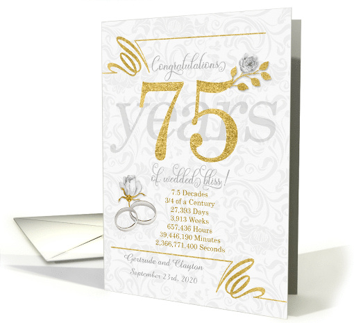 75th Wedding Anniversary Rings Roses and Gold NO REAL GLITTER card