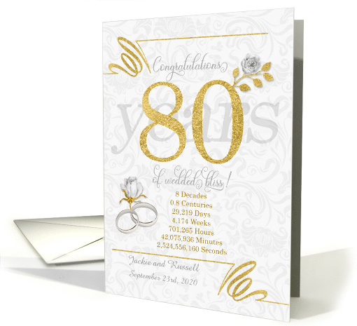 80th Wedding Anniversary Rings Roses and Gold NO REAL GLITTER card