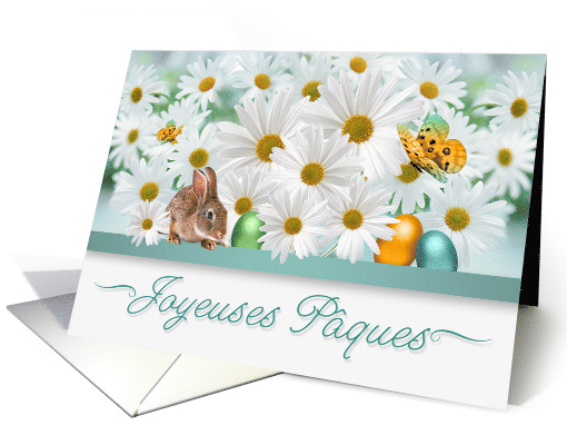 French Easter White Daisy Garden with Easter Bunny and Eggs card