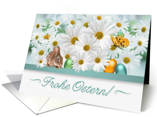 German Easter White Daisy Garden with Easter Bunny and Eggs card