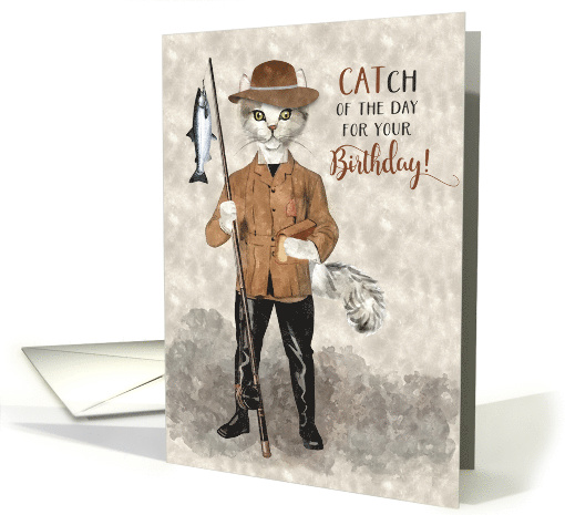 Fishing Themed Funny Birthday with Cat Fisherman in Hipster Style card