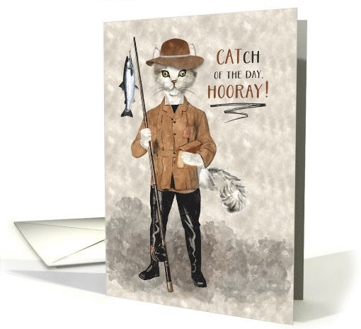 Funny Catch of the Day Sporting Event with Hipster Cat Fisherman card