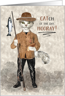 Funny Catch of the Day Sporting Event with Hipster Cat Fisherman card