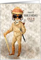 Funny Birthday Big Game Hipster Tiger in Safari Outfit card