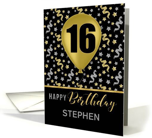 16th Birthday Silver and Gold Confetti and Balloon Custom Name card