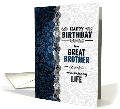for Brother's Birthday in Blue and Silver Paisley with Buttons card