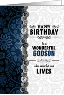 for Godson Birthday from Godparents Blue Paisley with Buttons card