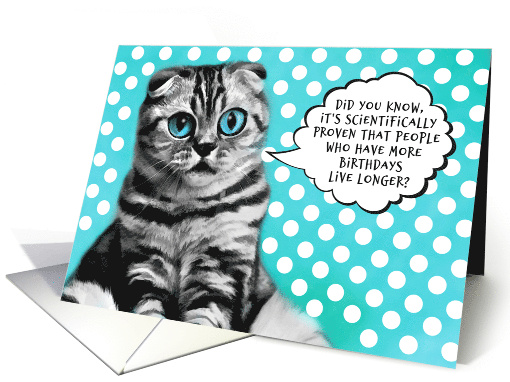 Funny Birthday Cartoon Themed Grey Cat and Speech Bubble card