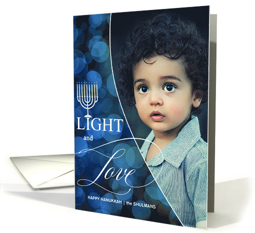 Light and Love Hanukkah Blue Bokeh with Menorah and Photo card