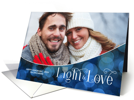 Light and Love Hanukkah Blue Bokeh with Menorah HORZ Photo card