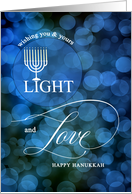 Light and Love Hanukkah Blue Bokeh with Menorah card