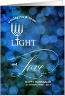 Light and Love Hanukkah Blue Bokeh Custom Name card