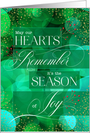 May Our Hearts Remember the Season of Joy Green Bokeh and Berries card