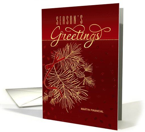 Season's Greetings Business Name Red and Golden Pines Holiday card