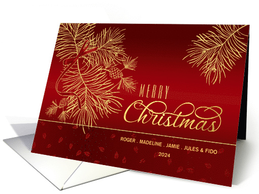 Merry Christmas Red and Golden Pines with Name Horizontal card