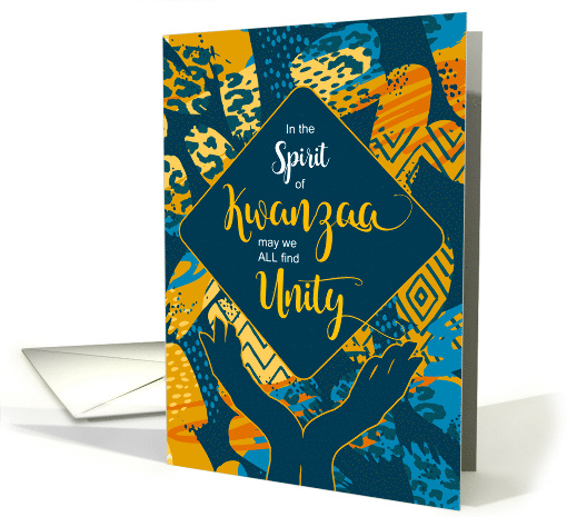 Kwanzaa Unity Blue and Yellow Tribal Abstract with Open Hands card