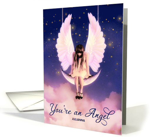 You're and Angel Celestial Swinging on the Moon Custom Name card