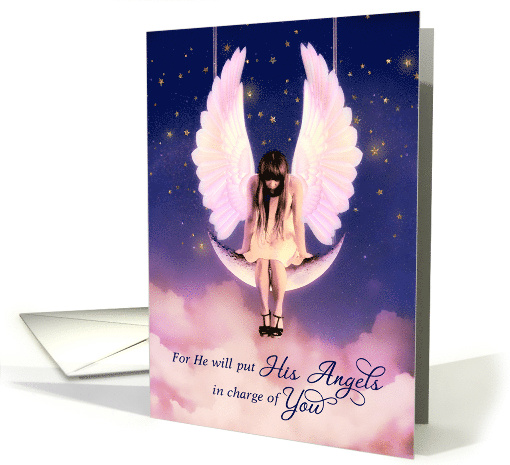 Get Well Psalms 91:11 Scripture Angel Swings on the Moon card