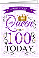 100th Birthday The Queen is 100 Today Purple Typography with Crown card