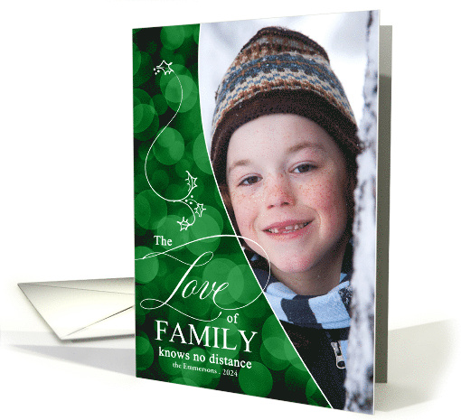 The Love of Family Knows No Distance Green Bokeh Vertical Photo card