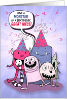 Young Great Niece’s Birthday Cute Purple Cartoon Monsters card