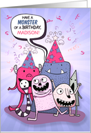 Young Girl’s Birthday Purple Cartoon Monsters with Custom Name card