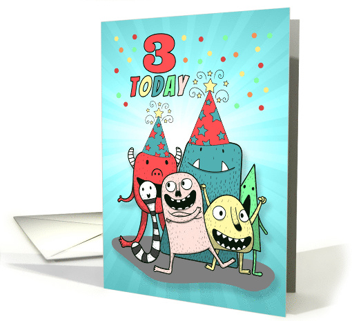 3rd Birthday Blue and Red Cartoon Monsters for Boys card (1671490)