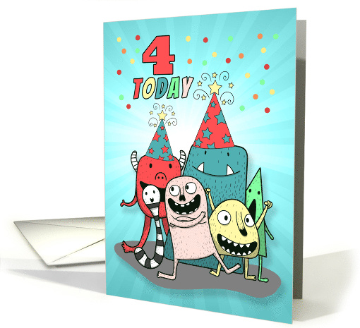 4th Birthday Blue and Red Cartoon Monsters for Boys card (1671624)