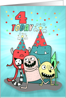 4th Birthday Blue and Red Cartoon Monsters for Boys card