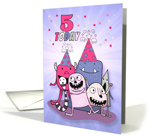 5th Birthday Pink and Purple Cartoon Monsters for Girls card (1672180)