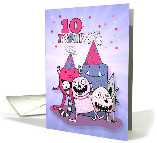 10th Birthday Pink and Purple Cartoon Monsters for Girls card