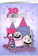 10th Birthday Pink and Purple Cartoon Monsters for Girls card