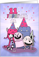 11th Birthday Pink and Purple Cartoon Monsters for Girls card