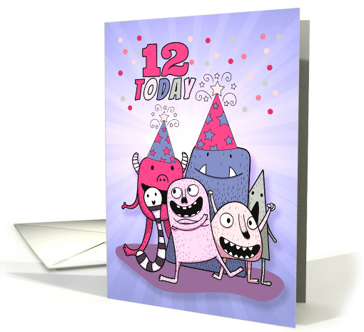 12th Birthday Pink and Purple Cartoon Monsters for Girls card