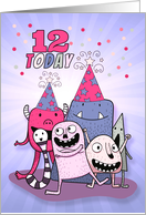 12th Birthday Pink and Purple Cartoon Monsters for Girls card