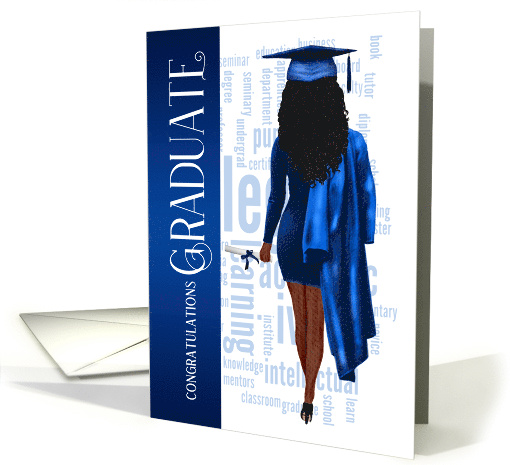 Black Hair Blue Cap and Gown Graduate Congratulations card (1681380)