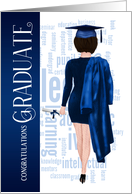 Brunette Woman Blue Cap and Gown Graduate Congratulations card